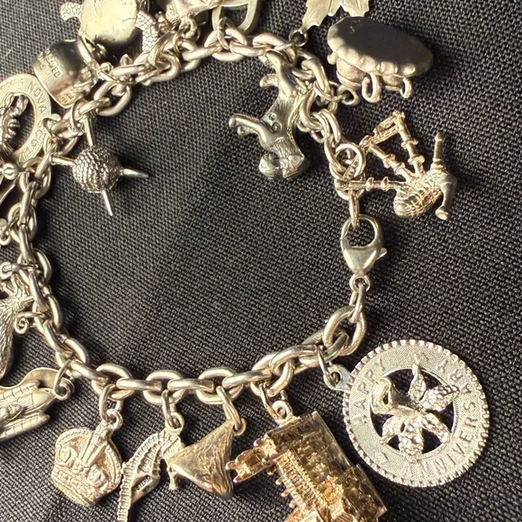 VTG Charm Bracelet Sterling 925 With 21 Charms 70 G Silver Animals Travel